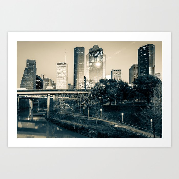 Houston Texas Skyline Over The Buffalo Bayou In Sepia Monochrome Art Print
