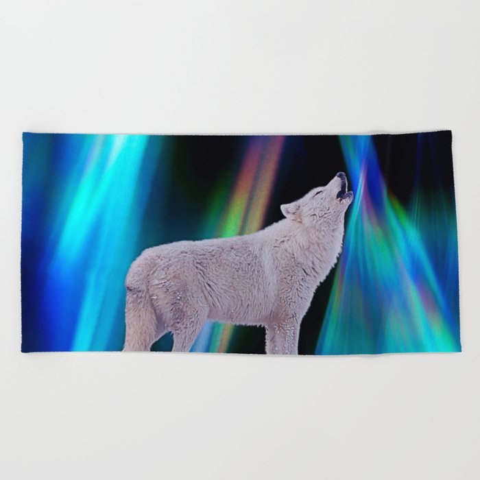 Aurora Borealis Wolf Song Beach Towel