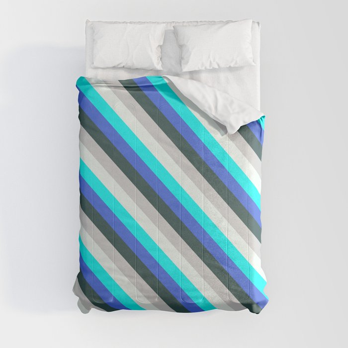 Royal Blue, Dark Slate Gray, Light Grey, Mint Cream, and Aqua Colored Pattern of Stripes Comforter