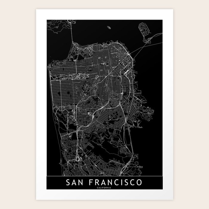 San Francisco Black Map Art Print by multipliCITY | Society6