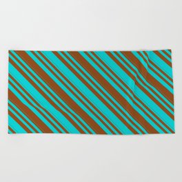 [ Thumbnail: Dark Turquoise & Brown Colored Lines/Stripes Pattern Beach Towel ]