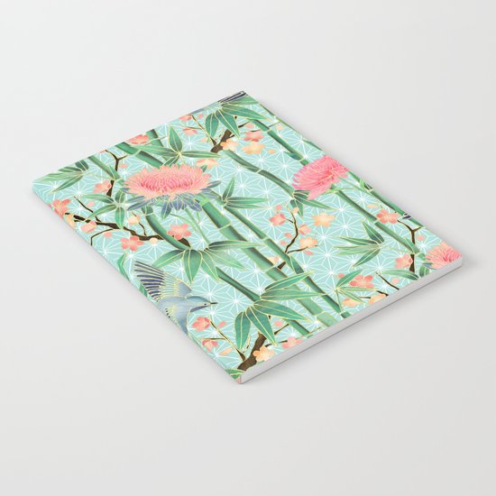 Bamboo, Birds and Blossom - soft blue green Notebook