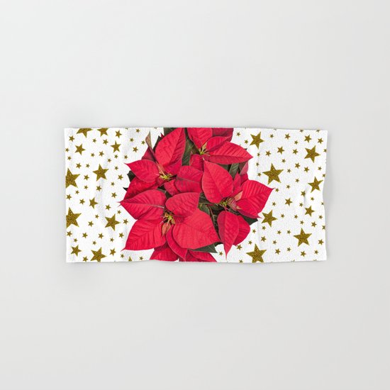 Red Christmas flower and sparkly gold stars Hand & Bath Towel