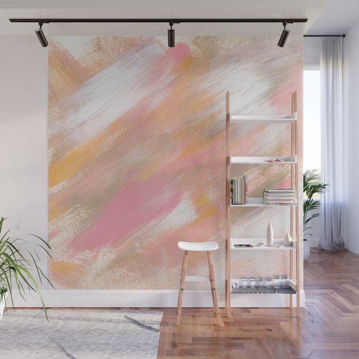 Abstract Spring Summer Pink Mustard White Brushstrokes Acrylic Paint Wall Mural By Girlytrend Society6