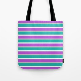 [ Thumbnail: Grey, Light Sea Green, Mint Cream, and Orchid Colored Lined Pattern Tote Bag ]