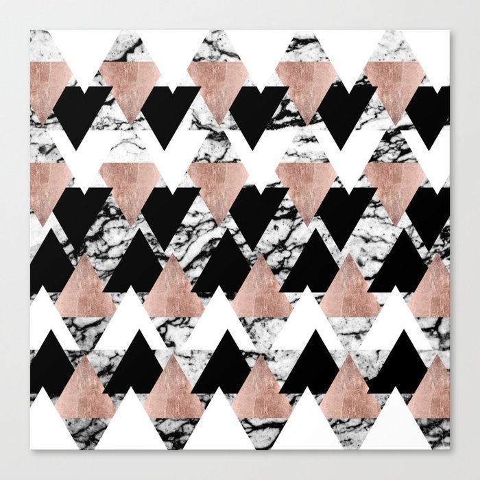 Modern Black White Rose Gold Triangles on Marble Canvas Print