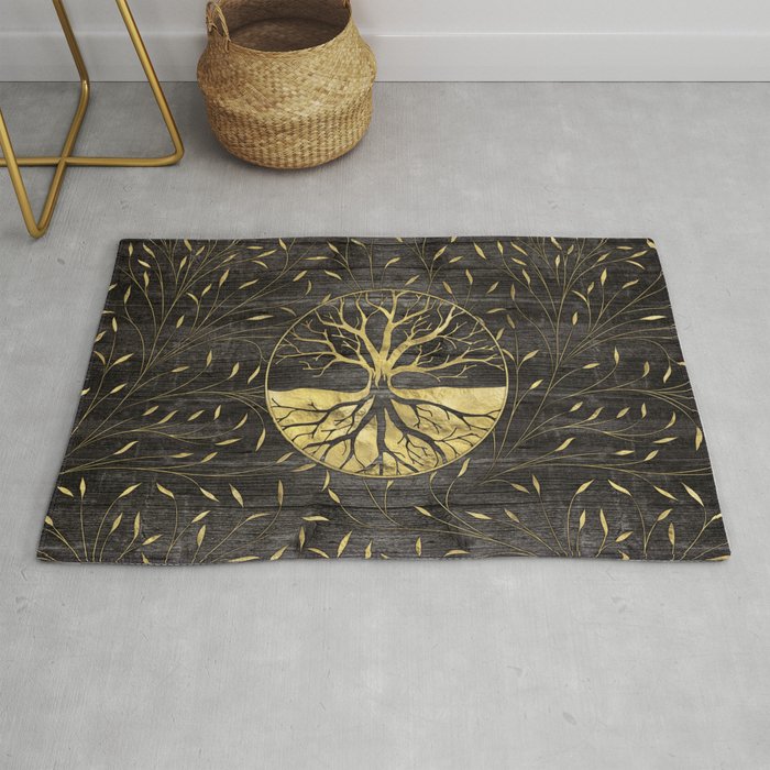 Golden Tree of life on wooden texture Rug