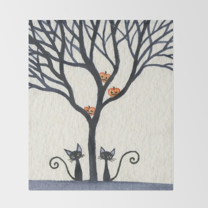 Halloween Black Cats And Pumpkins In Tree Throw Blanket By