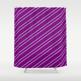[ Thumbnail: Purple, Grey, and Light Slate Gray Colored Lined/Striped Pattern Shower Curtain ]