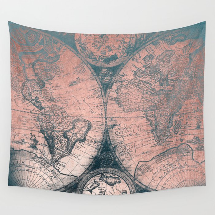 Vintage World Map Rose Gold and Storm Gray Navy Wall Tapestry