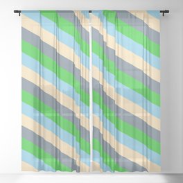 [ Thumbnail: Sky Blue, Beige, Slate Gray, and Lime Green Colored Striped/Lined Pattern Sheer Curtain ]