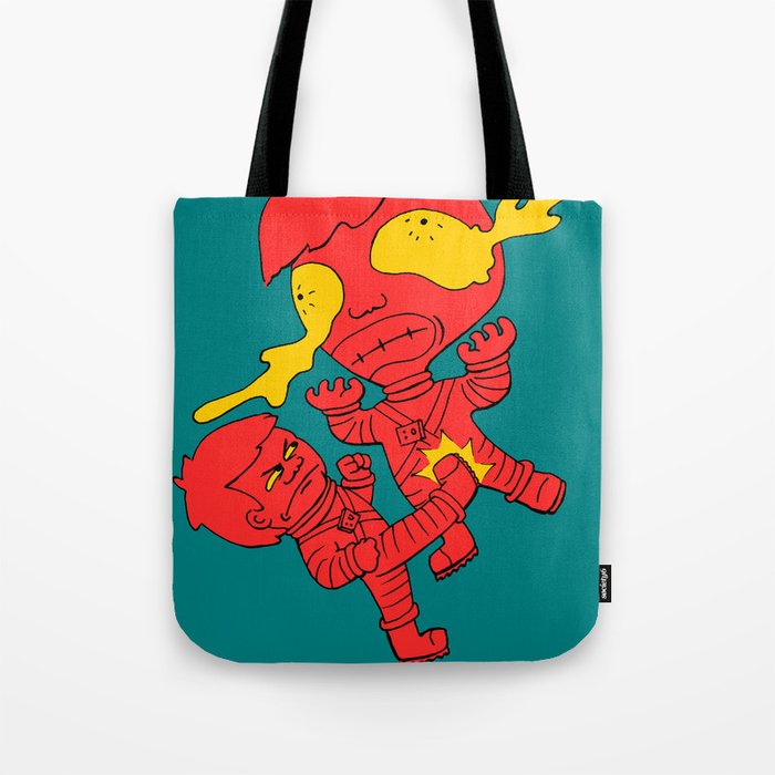 Astronaut getting kicked because the world needs this -- funny cartoon drawing in red and yellow Tote Bag