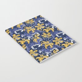 Tigers in a tiger lily garden // textured navy blue background very peri wild animals goldenrod yellow flowers Notebook