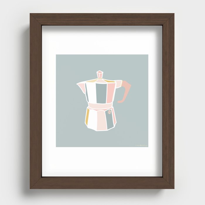 Retro Coffee Love, pale blue | Minimalist Espresso-Maker Illustration Recessed Framed Print