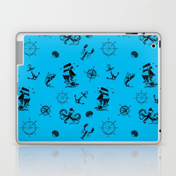 Turquoise And Black Silhouettes Of Vintage Nautical Pattern Laptop & iPad Skin