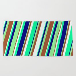 [ Thumbnail: Eye-catching Light Green, Sienna, Mint Cream, Green, and Blue Colored Stripes/Lines Pattern Beach Towel ]