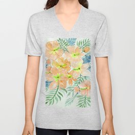 Melon & Yellow Tropical Floral Watercolor Art V Neck T Shirt