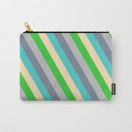 [ Thumbnail: Eyecatching Grey, Light Slate Gray, Turquoise, Beige & Lime Green Colored Stripes/Lines Pattern Carry-All Pouch ]