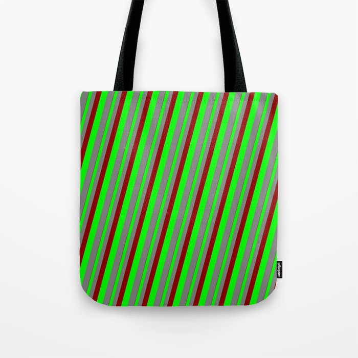 Dark Red, Lime, and Gray Colored Stripes Pattern Tote Bag