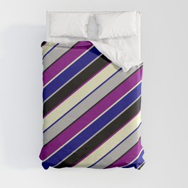 [ Thumbnail: Eye-catching Blue, Grey, Black, Purple & Light Yellow Colored Lined Pattern Duvet Cover ]