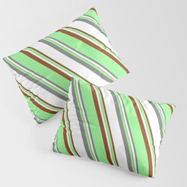 [ Thumbnail: Green, Grey, White, and Brown Colored Lined/Striped Pattern Pillow Sham ]