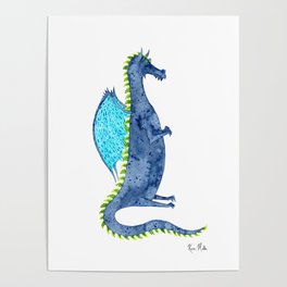 Navy Watercolor Dragon Poster | Watercolour, Blue, Magic, Whimsical, Watercolor, Nursery, Noelle, Kids, Navy, Dragons 