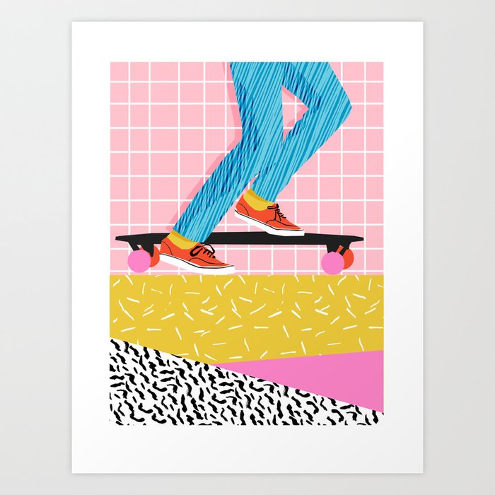 Chavvy - memphis skateboarder long boarding retro patterns 1980's trend vibes socal cali beach life Art Print