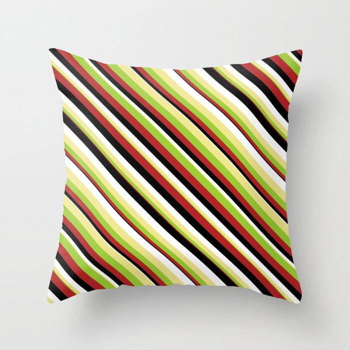Eye-catching Tan, Green, Red, Black & White Colored Striped/Lined Pattern Throw Pillow