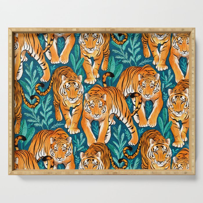 The Hunt - Stalking Tigers on Teal Blue and Green Serving Tray
