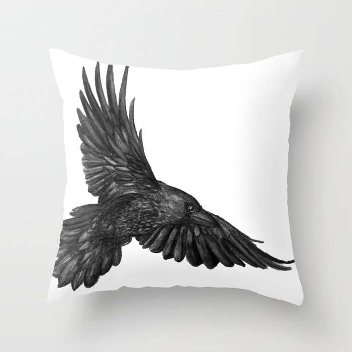 Raven in flight Throw Pillow