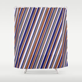 [ Thumbnail: Lavender, Midnight Blue, Gray, and Sienna Colored Lined/Striped Pattern Shower Curtain ]