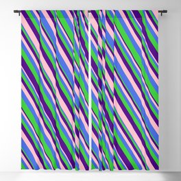 [ Thumbnail: Pink, Royal Blue, Lime Green, and Indigo Colored Lined/Striped Pattern Blackout Curtain ]