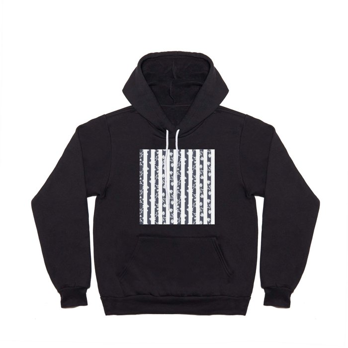 Floral White Rose Pattern on Dark Gray and White Stripes Hoody