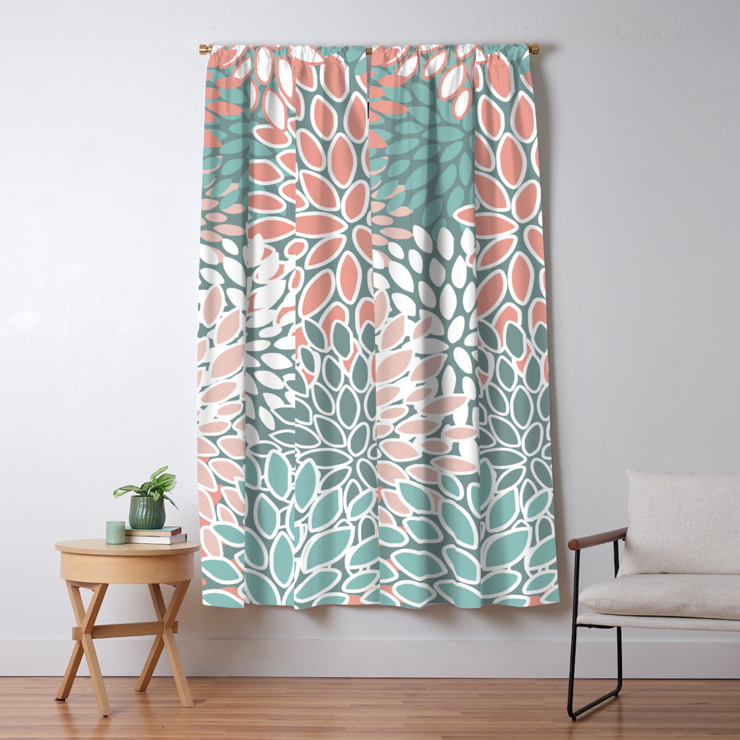 Teal And Coral Floral Pattern Blackout Curtain By Meganmorrisart