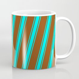 [ Thumbnail: Brown and Cyan Colored Stripes Pattern Coffee Mug ]
