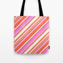 [ Thumbnail: Dark Salmon, Red, Violet, and Light Yellow Colored Lined/Striped Pattern Tote Bag ]