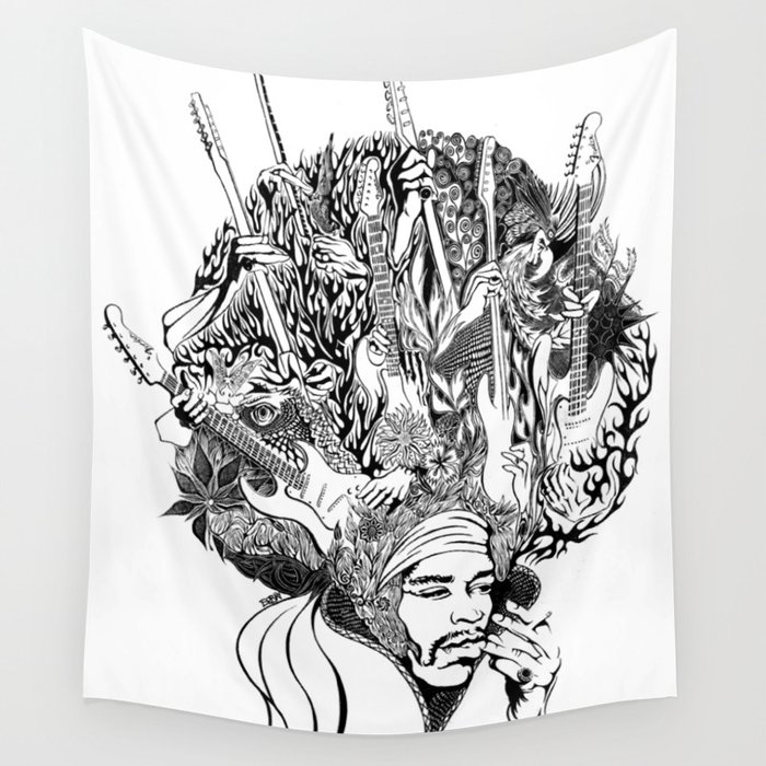 Handdrawn Psychedelic Jimi Hendrix Black And White Portrait Illustration Wall Tapestry By Onurerbaydotcom Society6