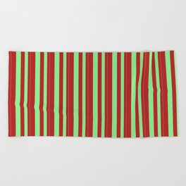 [ Thumbnail: Light Green and Red Colored Pattern of Stripes Beach Towel ]
