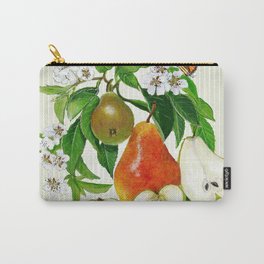 Pears On Vintage Carry-All Pouch | Greenstripes, Pearblossoms, Butterfly, Leaves, Pears, Mutedgreen, Acrylic, Painting, Orange, Botanicalart 