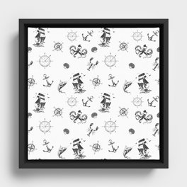 Dark Grey Silhouettes Of Vintage Nautical Pattern Framed Canvas