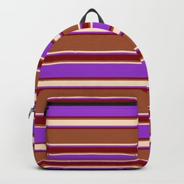 [ Thumbnail: Sienna, Bisque, Dark Orchid, and Maroon Colored Lined/Striped Pattern Backpack ]