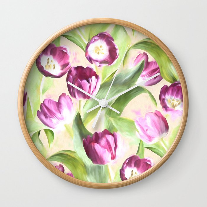 Deep Magenta Tulips on Creamy Peach Wall Clock