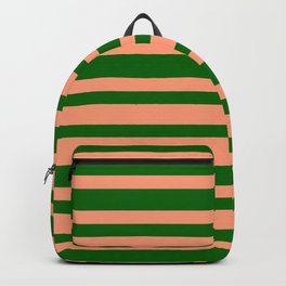 [ Thumbnail: Dark Green & Light Salmon Colored Striped/Lined Pattern Backpack ]