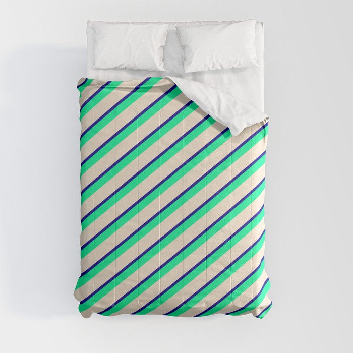 Dark Blue, Green & Beige Colored Lines/Stripes Pattern Comforter