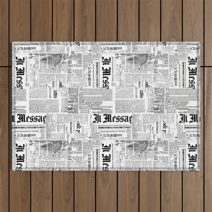 Black And White Collage Of Grunge Newspaper Fragments Outdoor Rug by