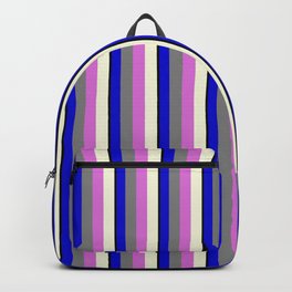 [ Thumbnail: Vibrant Black, Blue, Grey, Orchid, and Beige Colored Striped/Lined Pattern Backpack ]