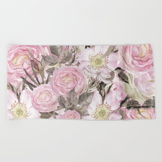 Floral Vintage painterly background in pink with Roses Flowers and insect Beach Towel