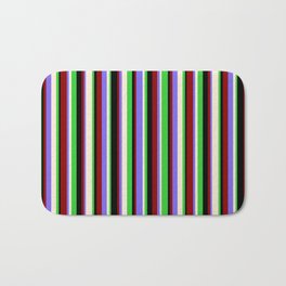 [ Thumbnail: Colorful Lime Green, Beige, Medium Slate Blue, Dark Red & Black Colored Stripes Pattern Bath Mat ]