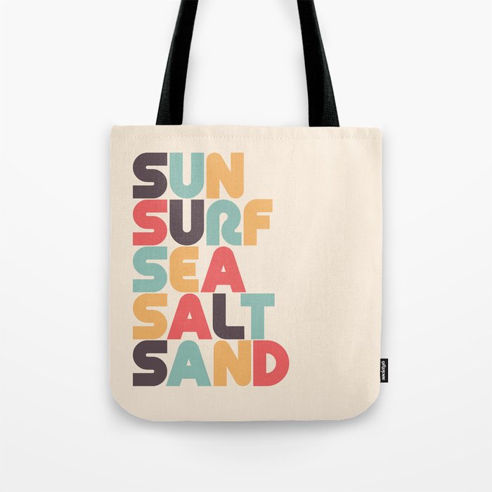 Sun Surf Sea Salt Sand Typography - Retro Rainbow Tote Bag