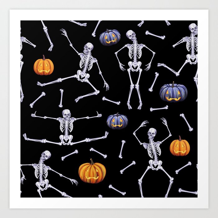 Halloween Skeletons And Jack-O-Lantern Patterns On Black Art Print